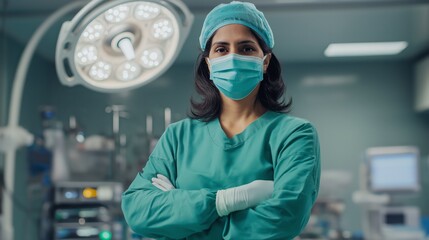 MiddleAged Indian Female Surgeon in Operating Room, Medical Professional Confidence Concept, Healthcare, Hospital Scene