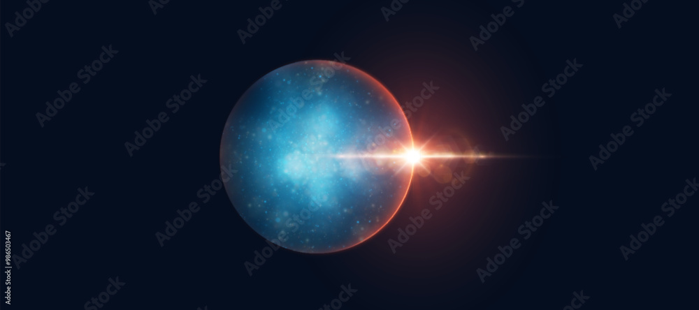 Poster Realistic planet with liquid surface texture. Vector spatial horizontal illustration of blue planet in space. Planet view from satellite in outer space.