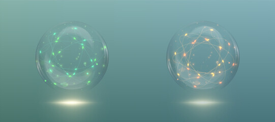 Magic ball with electric bulbs inside. Transparent glass or crystal sphere for spiritualistic sessions. Vector