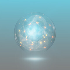 Magic ball with electric bulbs inside. Transparent glass or crystal sphere for spiritualistic sessions. Vector