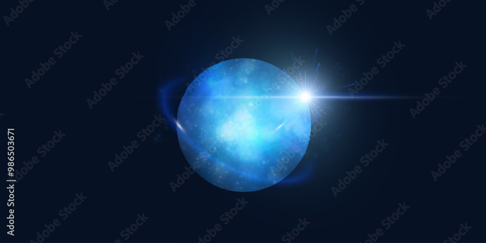 Poster Realistic sphere with liquid planet surface texture. Vector spatial horizontal illustration of blue planet. Planet view from satellite in outer space.