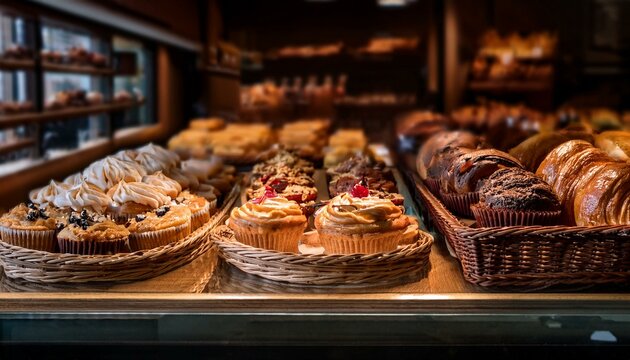Assortment of freshly baked pastries and cupcakes on display in a bakery.