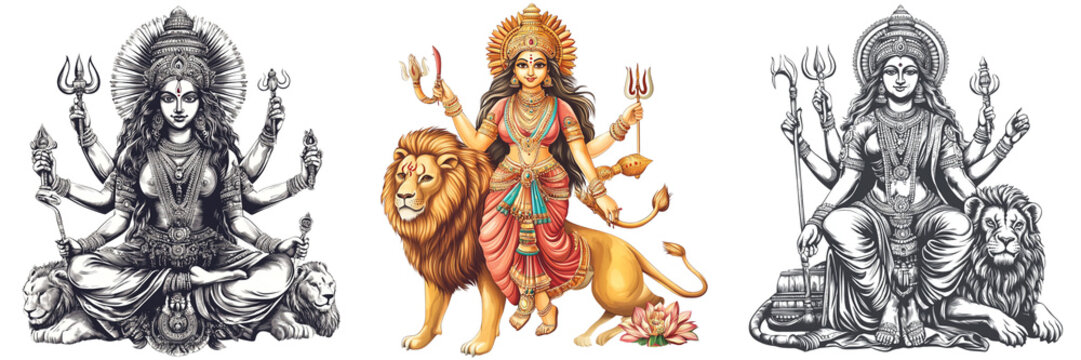 Set of goddess durga and lion isolated on a transparent background