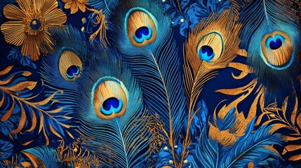 Close-up of peacock feathers with intricate details in blue and gold colors.