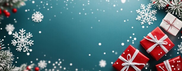 Colorful wrapped Christmas presents surrounded by snowflakes and pine branches on a dark background