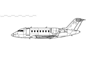 Bombardier Challenger 605. Vector drawing of business jet aircraft. Side view. Image for illustration and infographics.