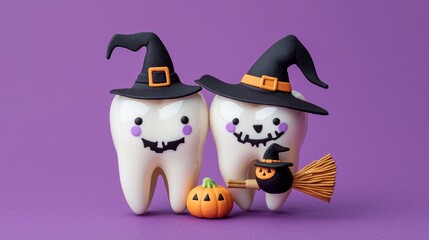 Dental concept. figurines of teeth in halloween costumes and dental tools. pumpkins and a broom.on a purple background