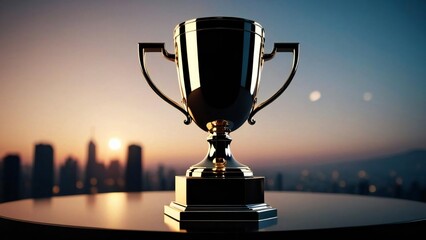 Mock up of a golden trophy set on a table - obrazy, fototapety, plakaty