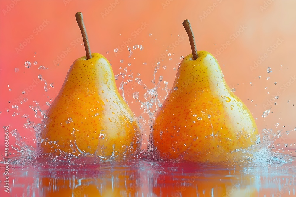 Poster two ripe pears splash into a pool of water, creating a burst of droplets against a soft peach backdr