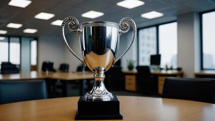 Mock up of a silver cup trophy shown on a table - obrazy, fototapety, plakaty
