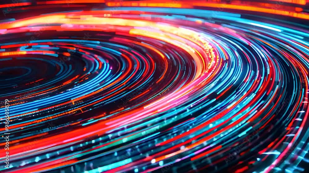 Poster colorful abstract swirling lines representing data flow and digital technology in a high-speed futur