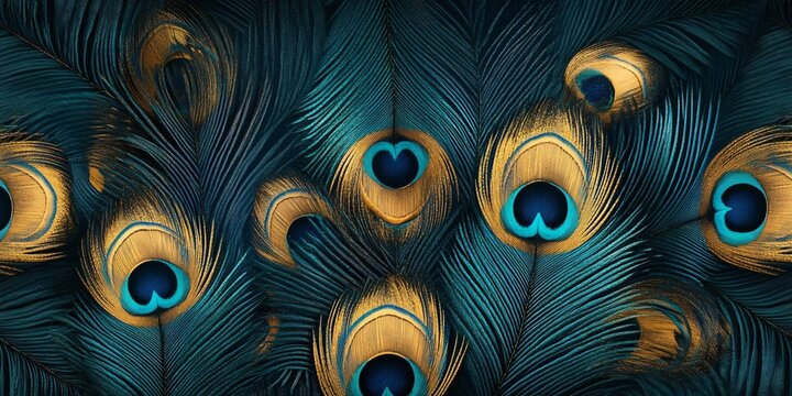 Close-up of vibrant blue and gold peacock feathers with intricate details.