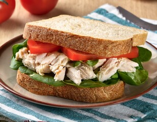 Obraz premium Chicken salad sandwich with spinach and tomato