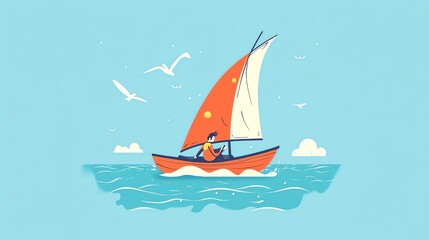 Fototapeta premium A joyful sailing scene with a colorful sailboat gliding across calm waters, surrounded by seagulls and a bright sky.