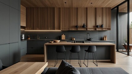 a minimalist interior design with a grey kitchen and wood slat wall.

