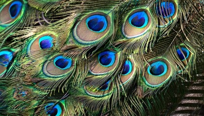 Close up of peacock feathers showing iridescent blue and green colors