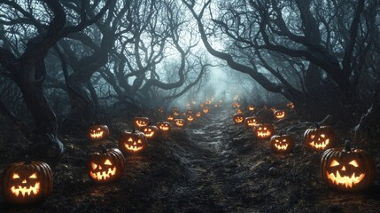 Scary halloween dark park with pumpkins and trees in the night. Halloween concept. Glowing pumpkin