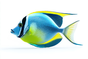 Colorful Tropical Fish with Yellow and Blue Stripes Isolated on White Background