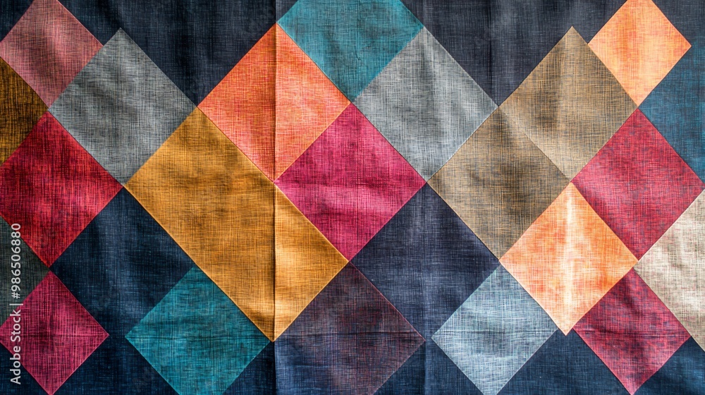 Poster colorful geometric pattern created with squares of fabric in different colors.