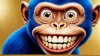 A vibrant digital artwork of a smiling blue monkey with exaggerated human-like features