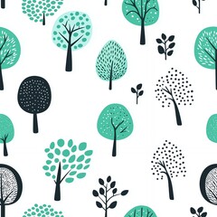 Seamless minimalist tree pattern in green and black, nature-themed design
