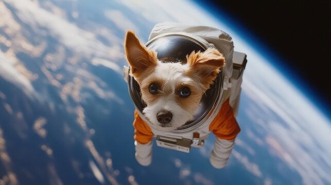 A tiny dog dressed in an adorable spacesuit floats joyfully against the backdrop of Earth, showcasing a whimsical exploration of outer space