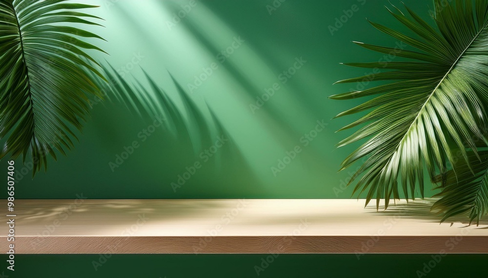 Poster empty shelf displaying product with tropical palm leaves casting shadows on green wall