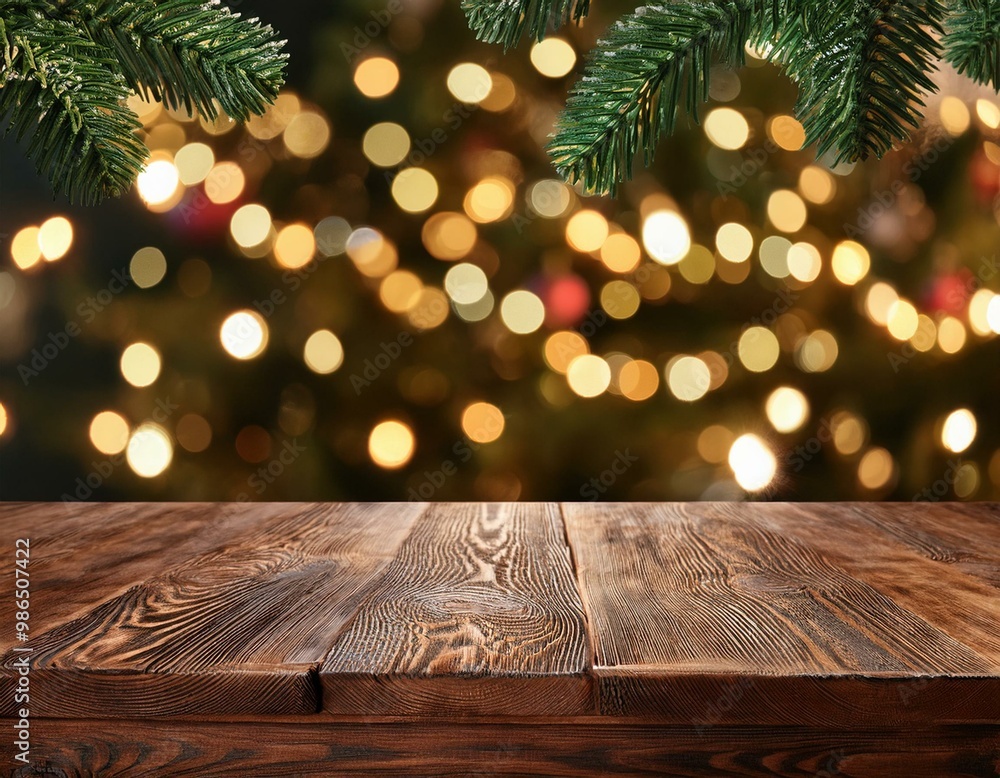 Poster empty rustic wooden tabletop with sparkling christmas tree lights background