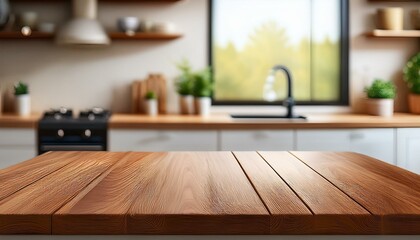 Fototapeta premium Empty wooden tabletop with blurred kitchen background