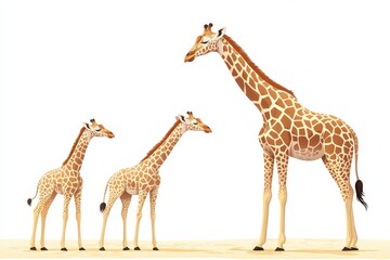 Obraz premium A charming family of giraffes, showcasing the stunning patterns and grace of these majestic creatures in a minimalistic design, white background