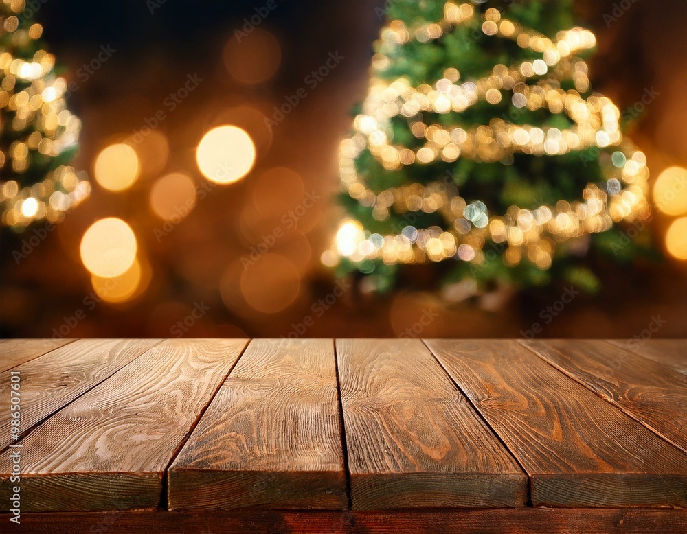 Poster empty rustic wooden tabletop with sparkling christmas tree lights background