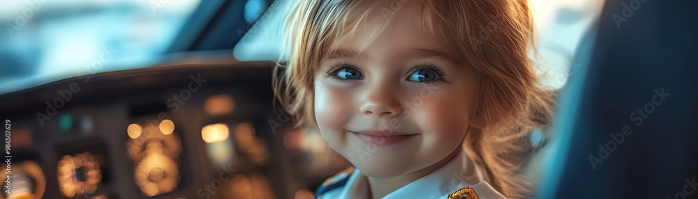 Wall mural a young child in a pilots uniform, smiling confidently in an airplane cockpit, representing dreams o