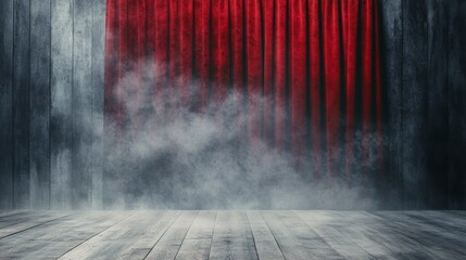 Mysterious theater stage with red curtains and fog creating an atmospheric ambiance at night