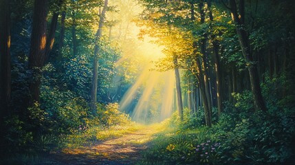 Obraz premium Sunlight Illuminates a Path Through a Lush Green Forest