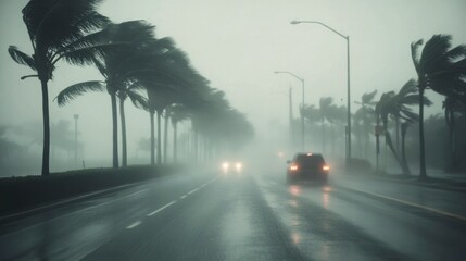 Heavy rain and strong winds during a storm with swaying palm trees on a coastal road