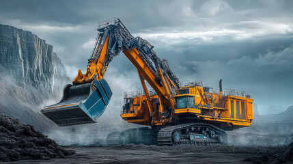 Excavator Digging Coal In Open Pit Mine
