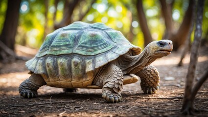 Obraz premium A tortoise walks through a forested area