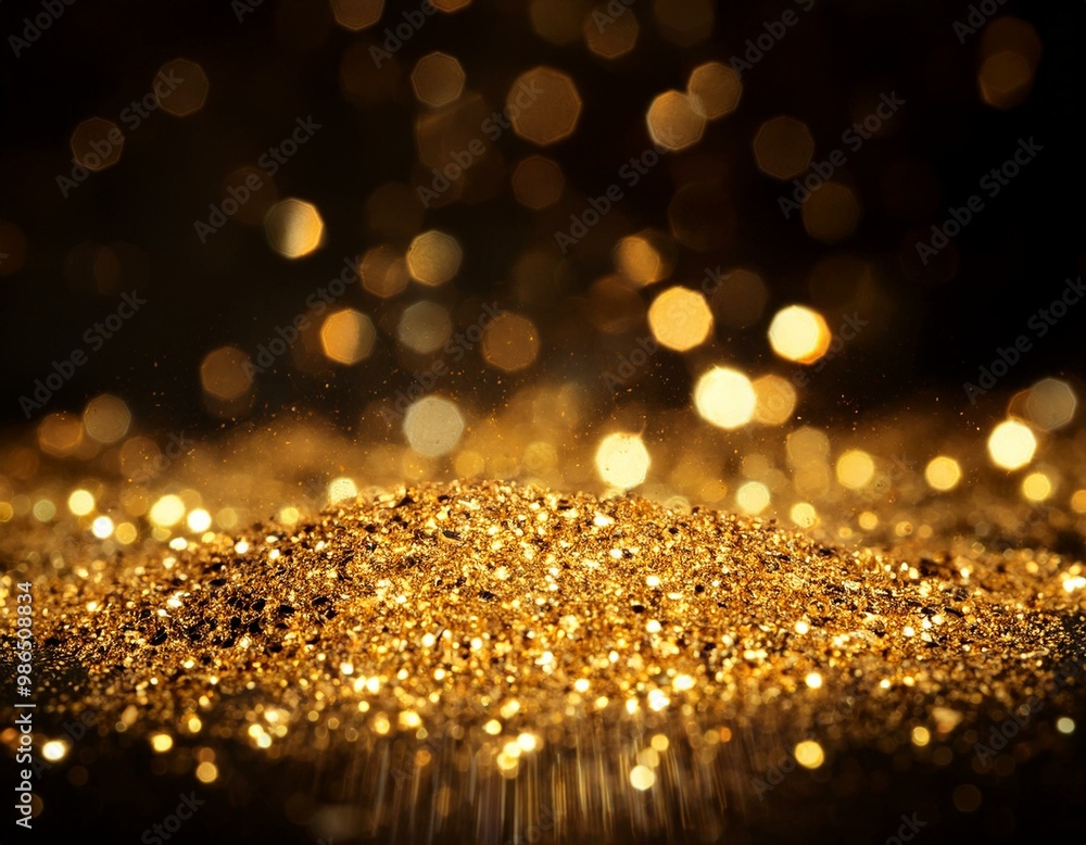 Poster golden glitter sparkling over a black background with bokeh effect