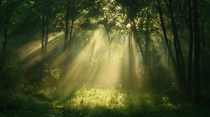 Obraz premium Sunbeams Illuminating a Misty Forest Path