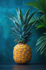 Obraz premium Perfectly ripe pineapple standing against a gradient blue background, minimalist composition