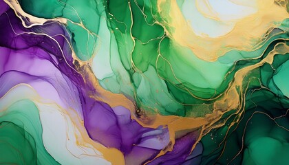 Green and purple alcohol ink swirling creating abstract gold veins