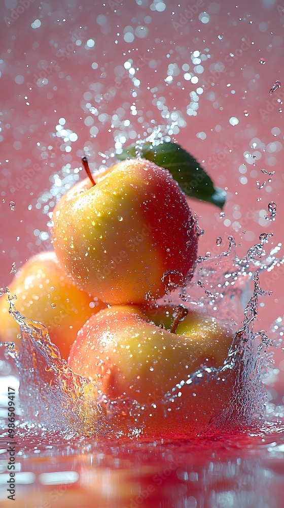 Poster three red apples splash into water, creating a vibrant and refreshing scene.