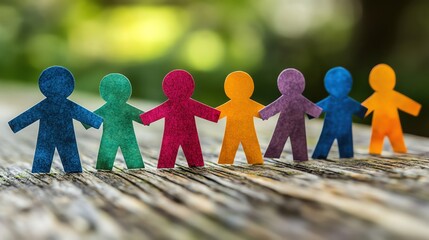 Vibrant row of colorful, cutout paper figures holding hands on a wooden surface, symbolizing unity and diversity