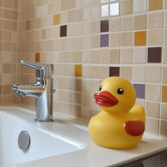 Cheerful rubber duck placed on a modern bathroom sink with tiled backdrop in an AI-generated scene