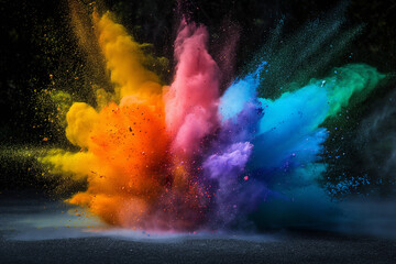 An artistic depiction of colorful dust exploding against a vibrant background. Vibrant illustration showcases a burst of energetic colors and powdery textures, ideal for creative and dynamic projects
