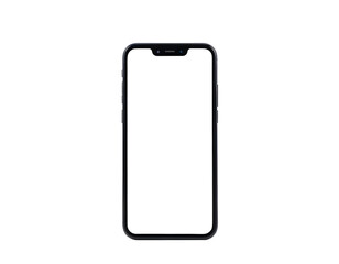 A black smartphone with a notch at the top of the screen, isolated on a transparent background