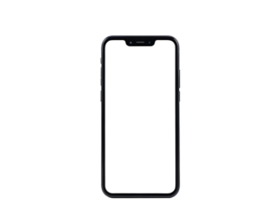 A black smartphone with a notch at the top of the screen, isolated on a transparent background