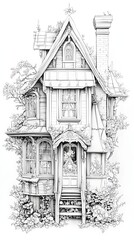 A detailed pencil drawing of a charming, ornate house, covered in lush greenery.