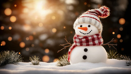 Fototapeta premium Christmas Background Banner with a Snowman on a Snowy Landscape