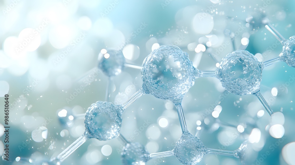 Poster abstract representation of a water molecule with a blue bokeh background